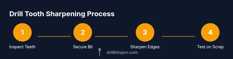 Tailwind-styled infographic showing a 4-step drill tooth sharpening process