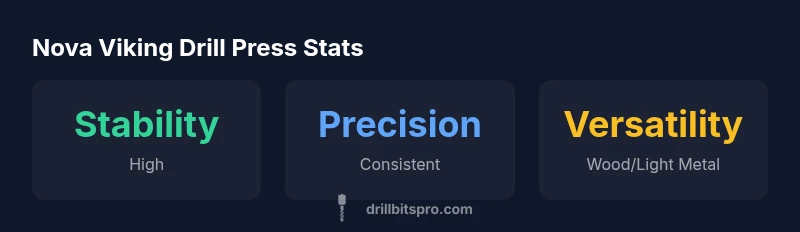 Infographic showing stability, precision, and versatility of the nova viking drill press