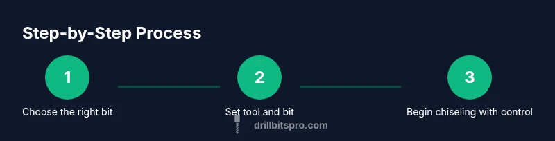 Three-step infographic showing choosing, setting, and chiseling with a hammer drill chisel bit