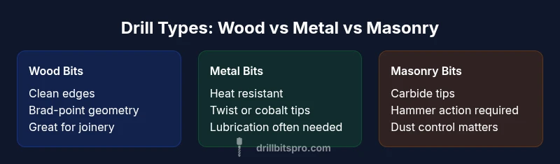 Comparison of wood, metal, and masonry drill types showing key features