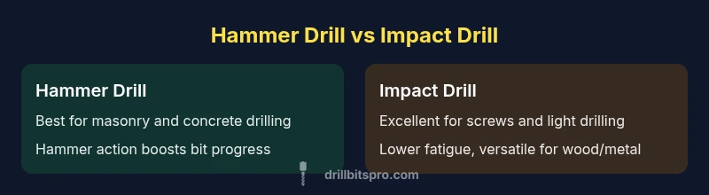 Comparison infographic showing hammer drill vs impact drill features and use cases