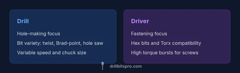 Comparison infographic showing drill vs driver use cases and bits