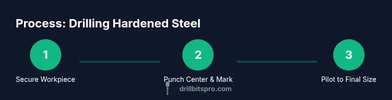 Infographic showing steps to drill hardened steel using a carbide bit