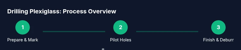 Infographic showing steps to drill plexiglass: prepare, pilot hole, finish