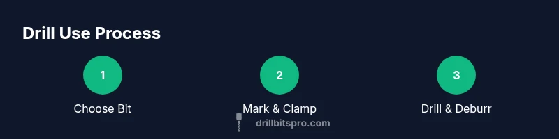 A three-step infographic showing selecting a drill bit, securing the workpiece, and drilling a clean hole.