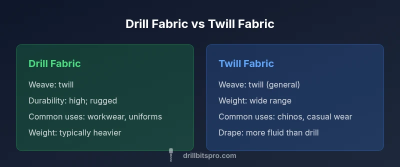 Comparison chart of drill fabric vs twill fabric highlighting weave, durability, weight, and applications