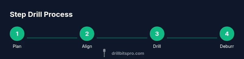 Process diagram showing steps for using a step drill bit on sheet metal
