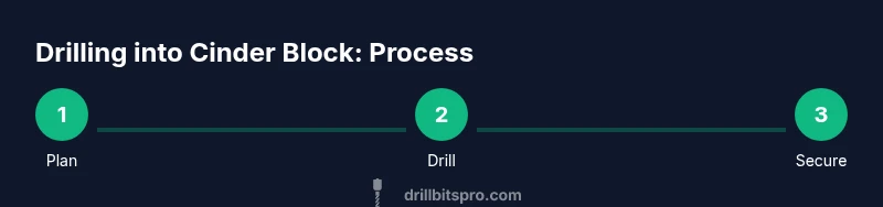 Process diagram showing plan, drill, and secure steps for cinder block drilling
