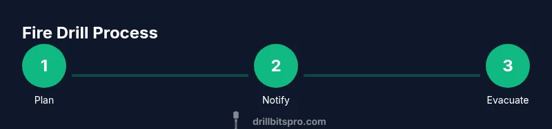 A safety infographic showing three-step fire drill process: plan, notify, evacuate
