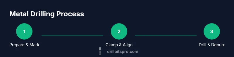 Process diagram showing steps to drill metal with a drill press