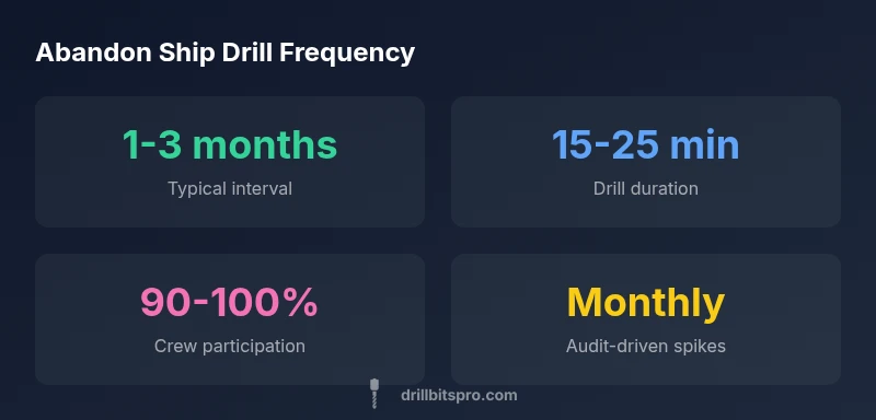 Infographic showing abandon ship drill frequency, duration, crew participation, and audit-triggered spikes