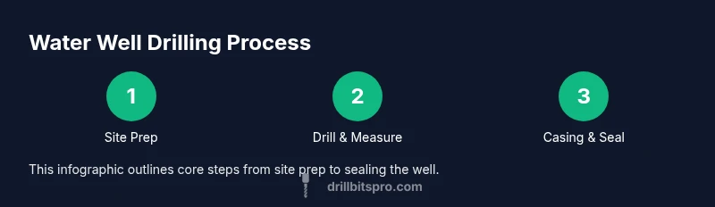 Infographic showing three-step water well drilling process including site prep, drilling, and casing