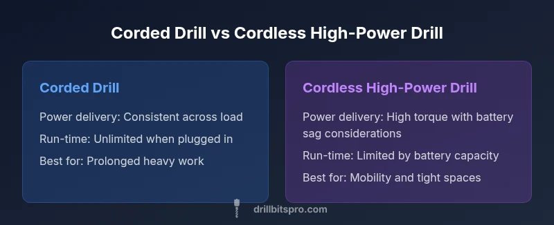 Comparison chart of corded vs cordless drills showing power, run-time, weight, and use cases