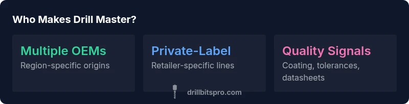 Infographic showing multiple origins and private-label practices behind Drill Master labels