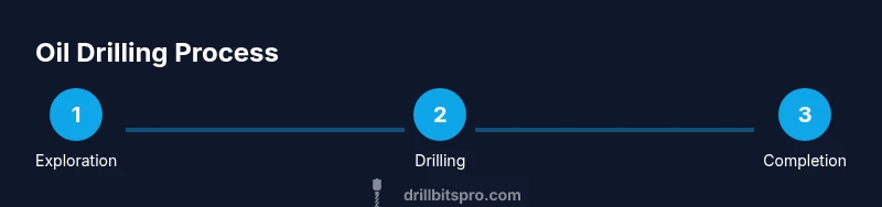 Infographic showing three-step oil drilling process: exploration, drilling, completion